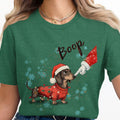 Dachshund in Santa hat and Christmas sweater with lights and snowflakes, "Boop" text.