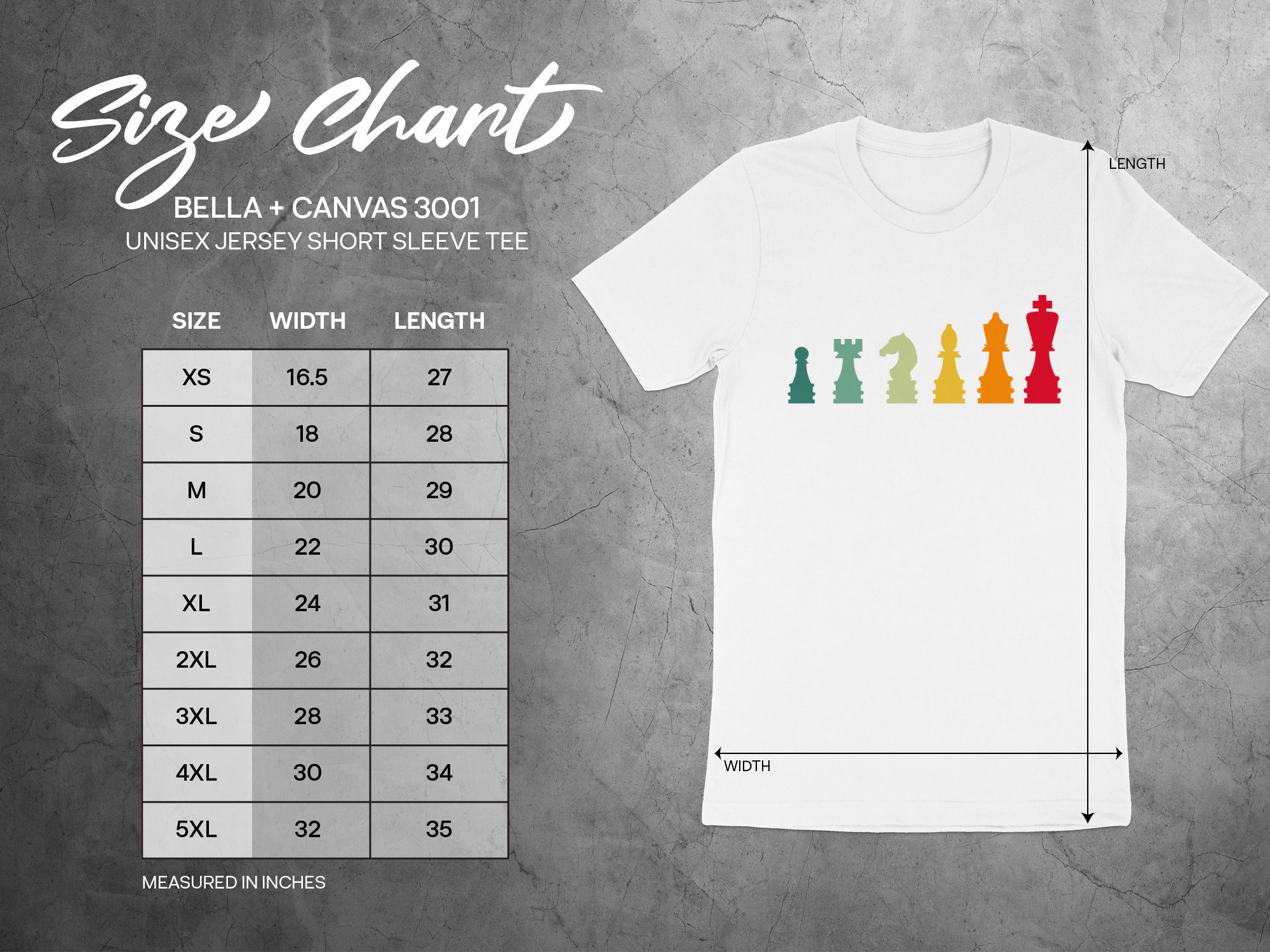 Size chart for Bella + Canvas 3001 unisex jersey t-shirt with chess piece graphic.