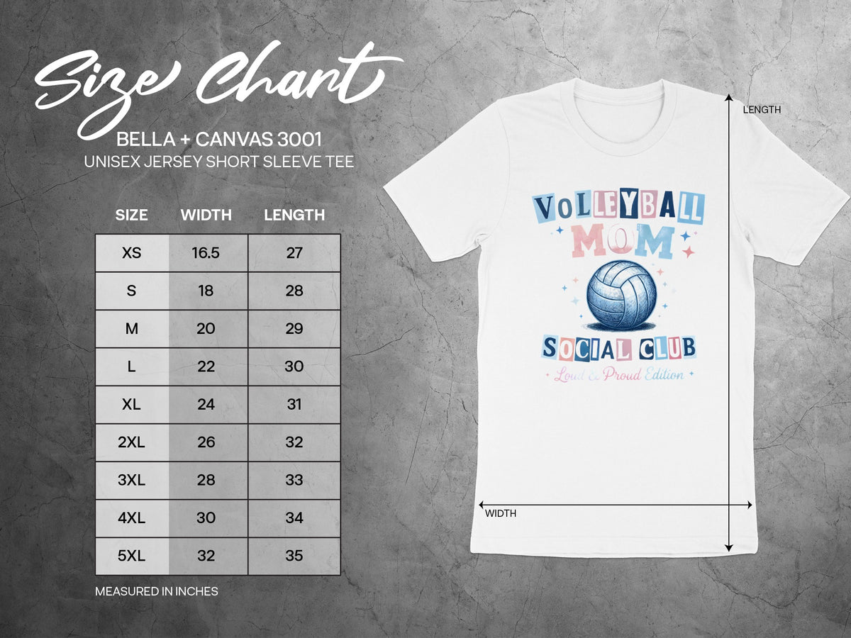 Bella + Canvas 3001 unisex jersey short sleeve t-shirt size chart with measurements from XS to 5XL.