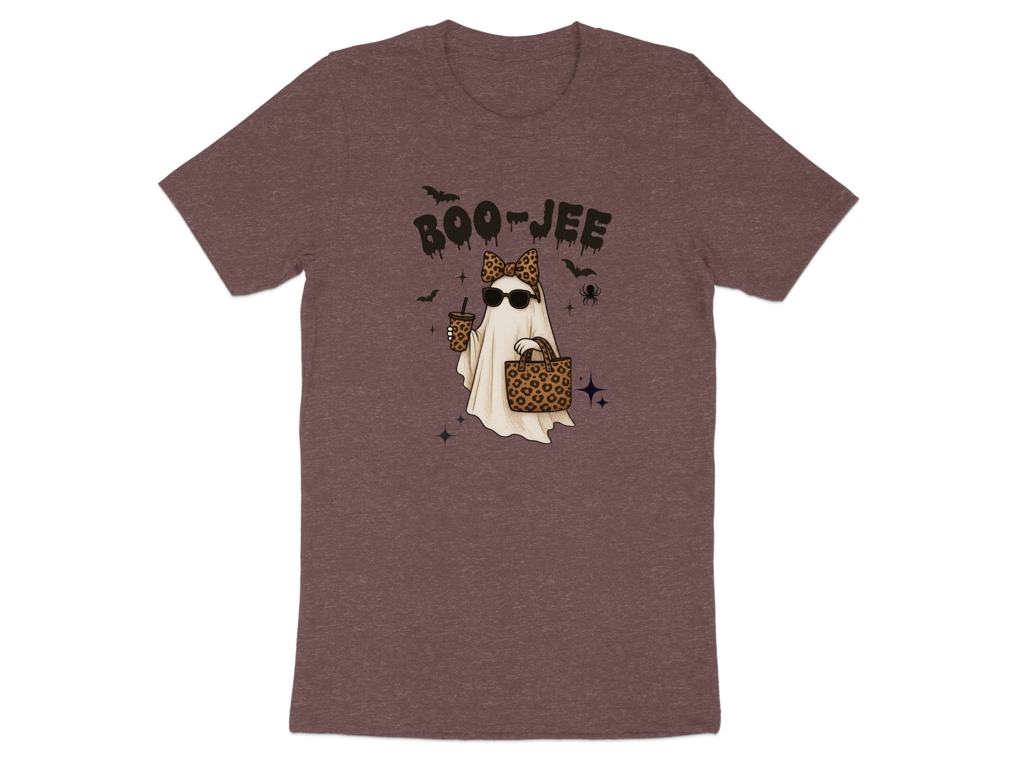 Ghost with sunglasses, leopard print bow, drink, and bag, with "Boo-Jee" text.