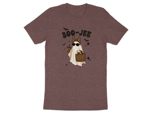 Ghost with sunglasses, leopard print bow, drink, and bag, with "Boo-Jee" text.