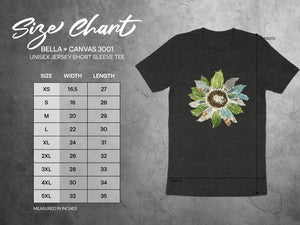 BELLA + CANVAS 3001 unisex t-shirt size chart with width and length in inches.