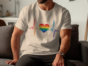 T-shirt with rainbow heart and heartbeat line graphic