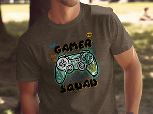 Brown t-shirt with "Gamer Squad" text and controller graphic.