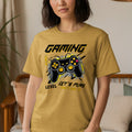 Yellow t-shirt with "GAMING" and a vintage video game controller graphic.