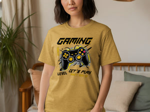 Yellow t-shirt with "GAMING" and a vintage video game controller graphic.