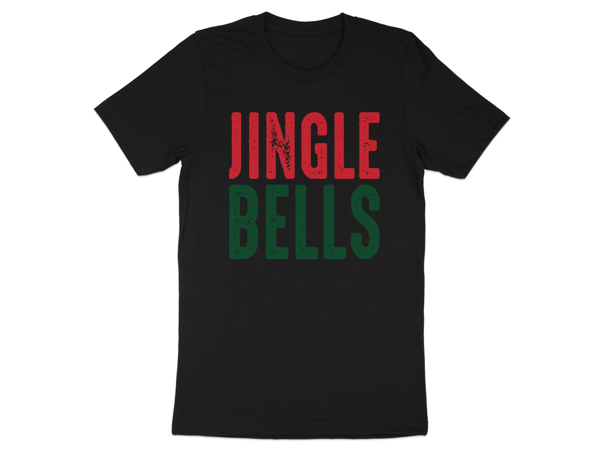 Black t-shirt with red and green "JINGLE BELLS" distressed text.