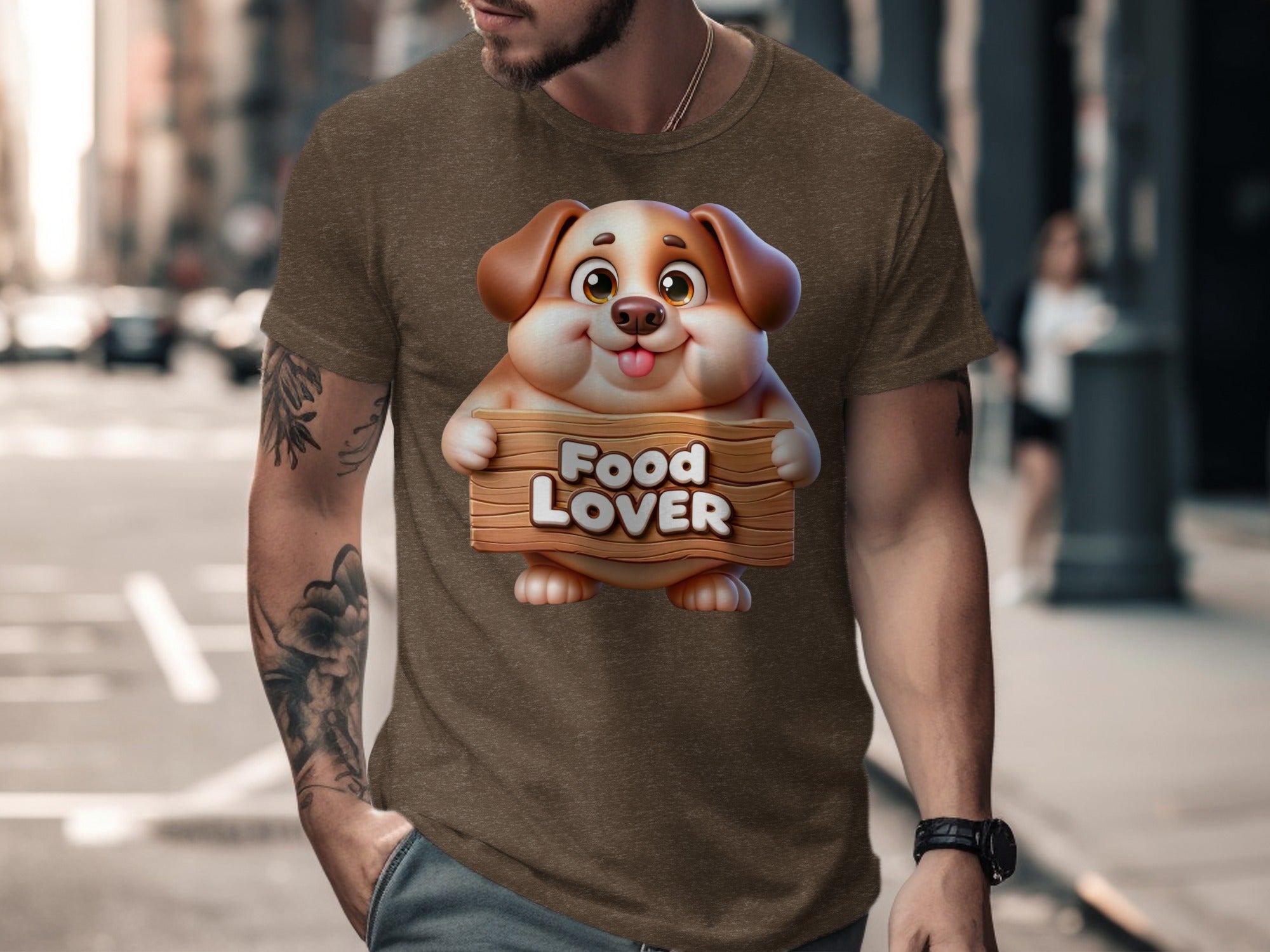 Brown t-shirt with cartoon dog holding "Food Lover" wooden sign.