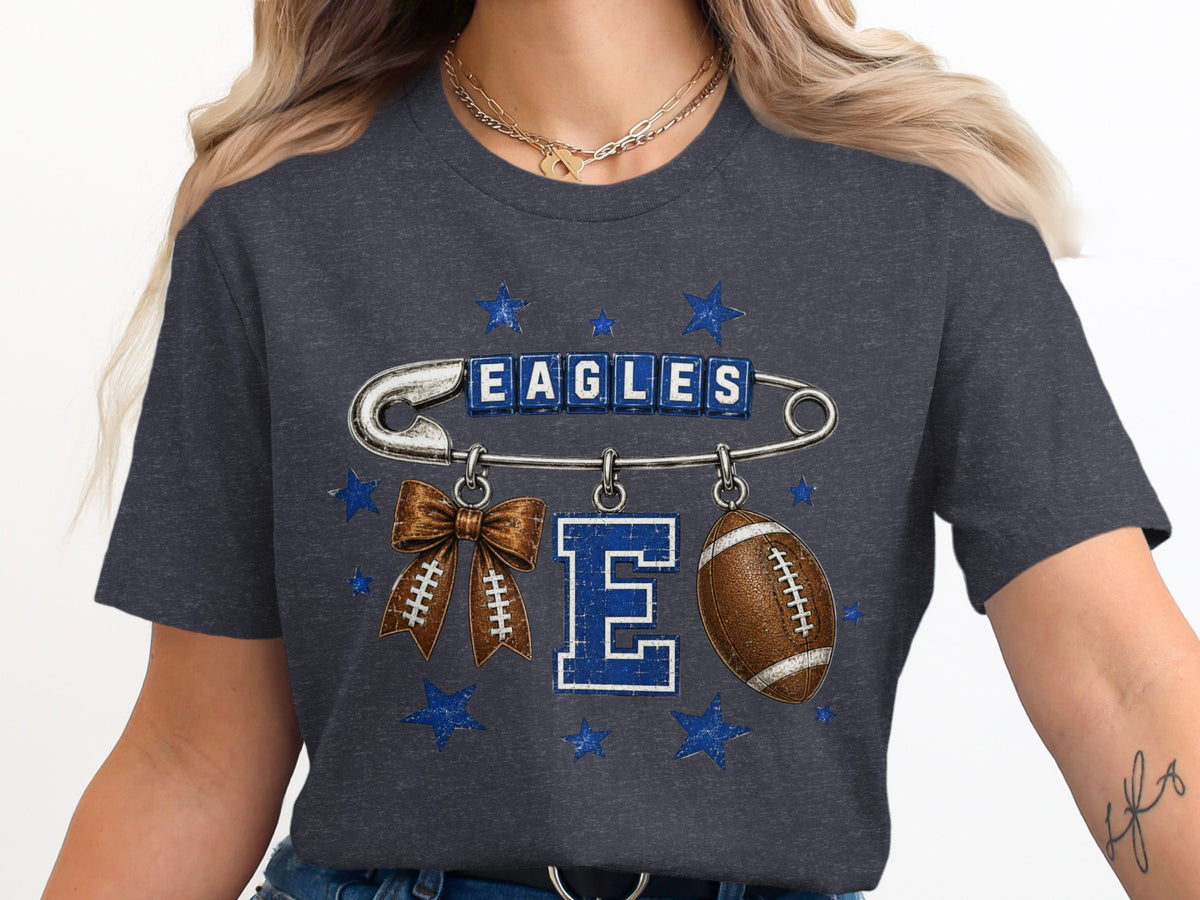 Dark grey shirt with "EAGLES" text and football-themed bow, letter E, and football graphic.