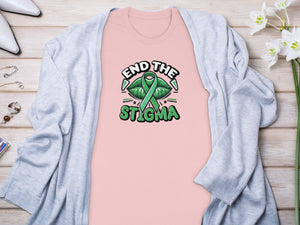 Pink t-shirt with green lips, ribbon, and text that says "End the Stigma."