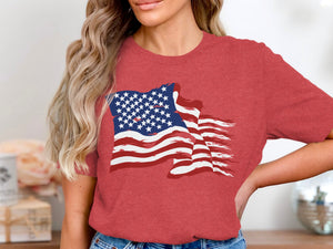 Red t-shirt with a distressed American flag graphic across the chest.