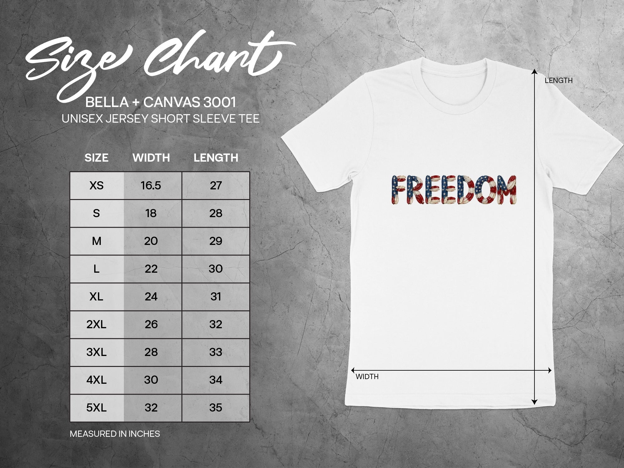 BELLA + CANVAS 3001 unisex t-shirt size chart with width and length measurements in inches.