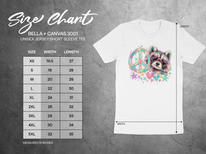 BELLA + CANVAS 3001 unisex jersey short sleeve tee size chart measured in inches.