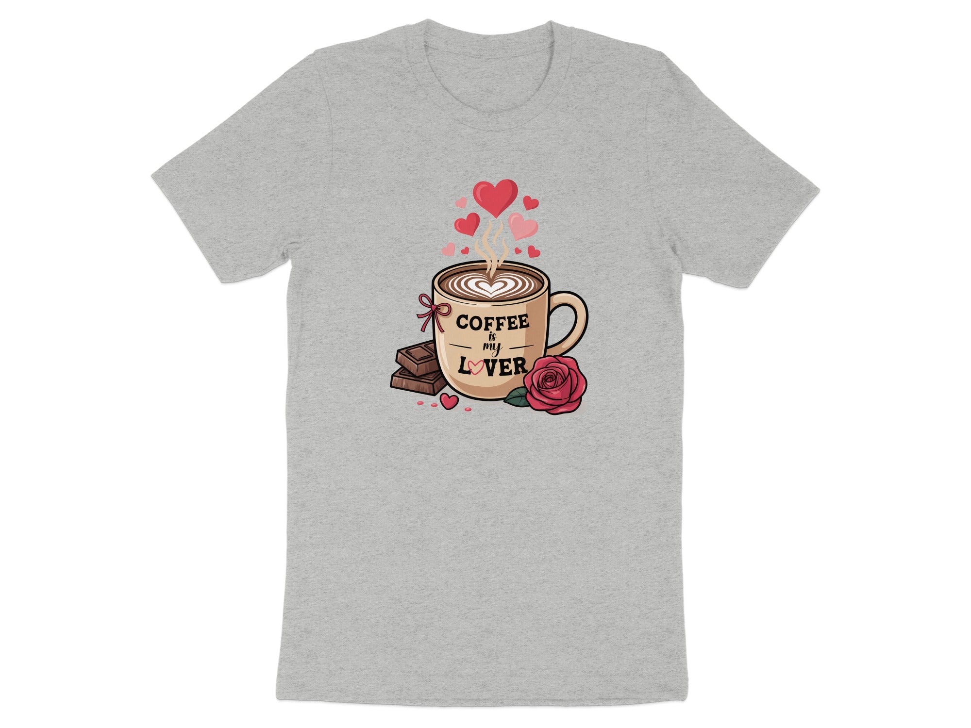 Coffee is my lover text on a mug with hearts, rose, and chocolate.