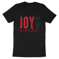 Black t-shirt with red and green "Joy to the World" text.