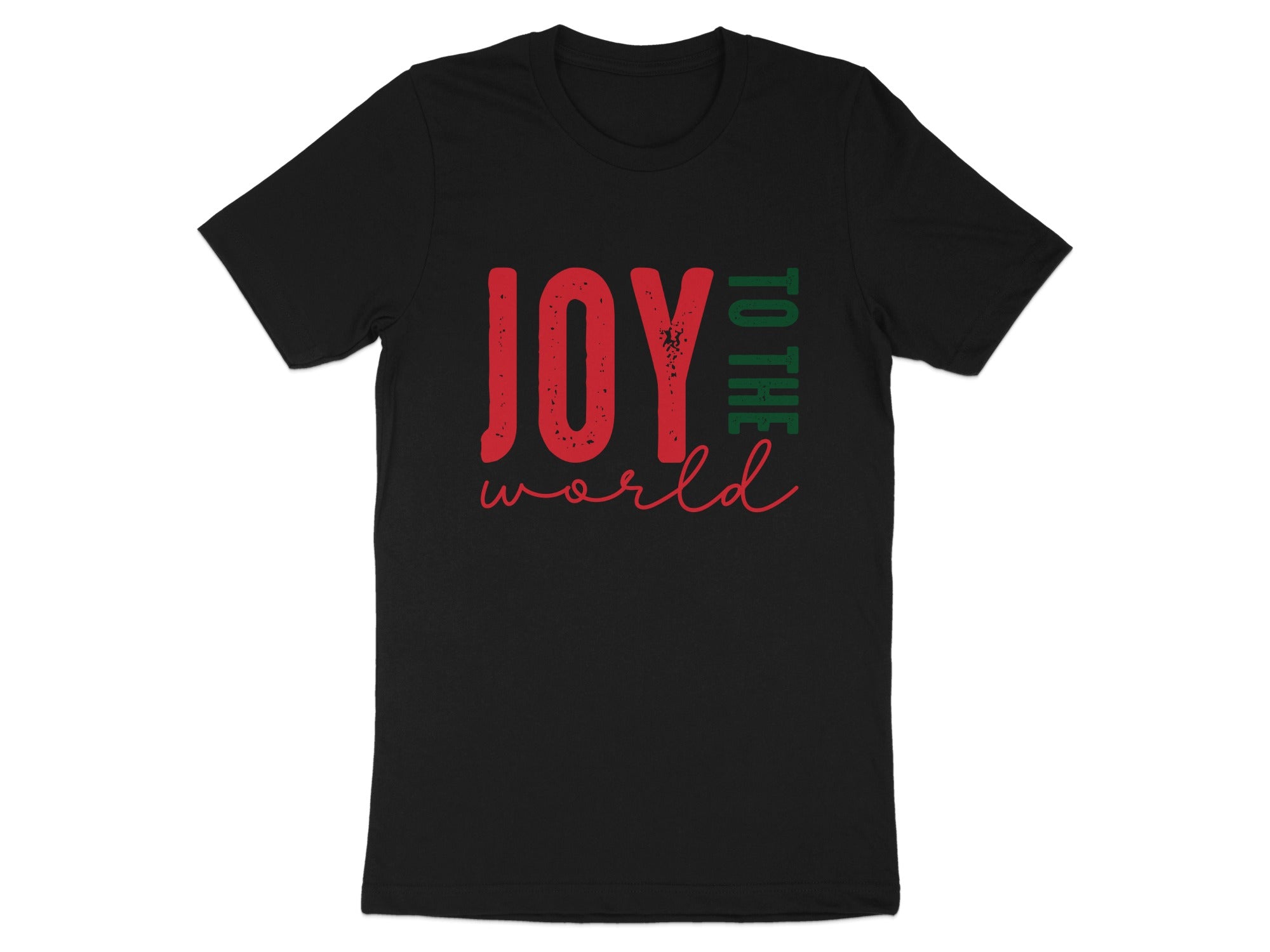 Black t-shirt with red and green "Joy to the World" text.