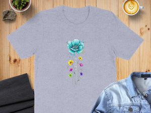 Grey t-shirt with watercolor floral design and "mama" text.