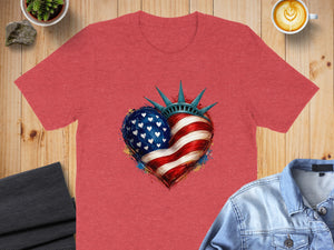 Red t-shirt with Statue of Liberty crown and American flag heart graphic.
