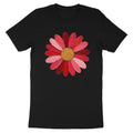Black t-shirt with a painted red and pink daisy design on the chest.