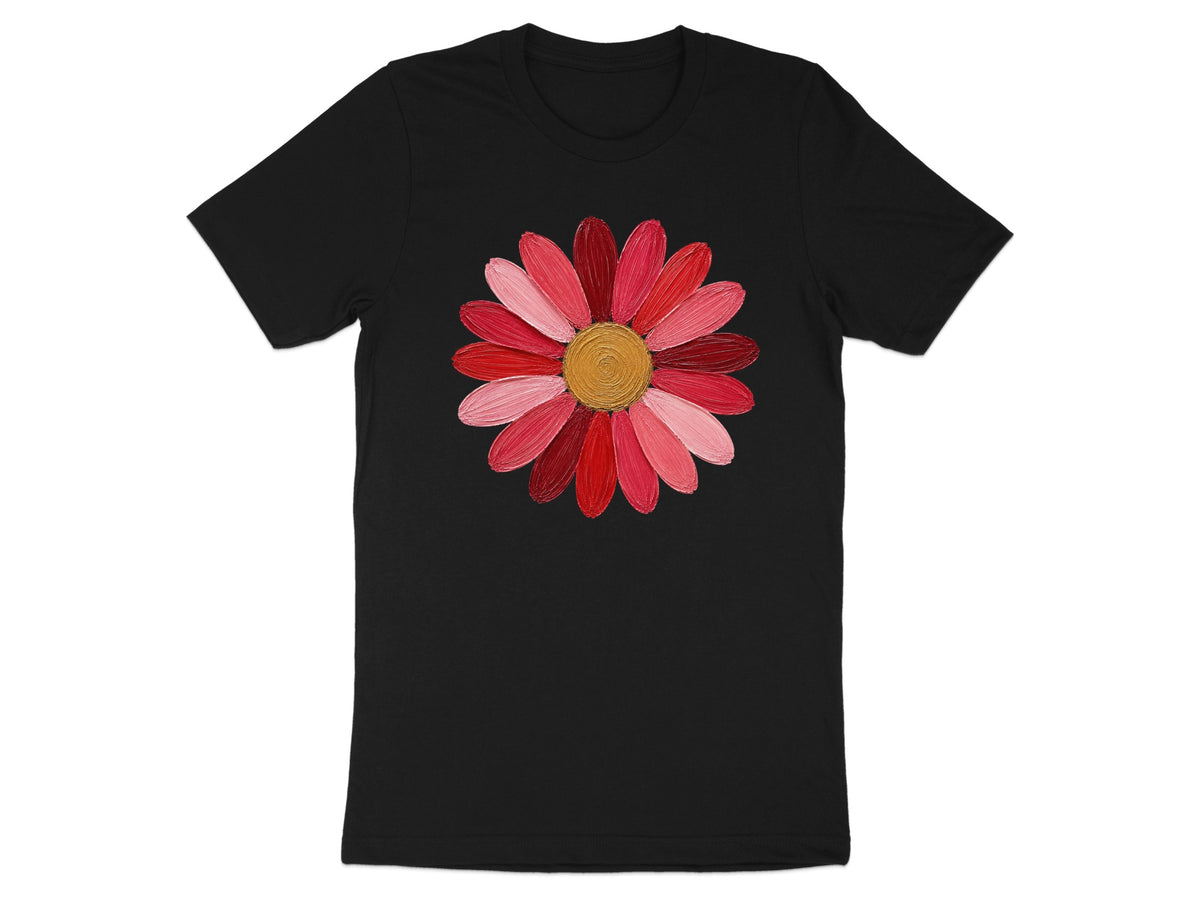 Black t-shirt with a painted red and pink daisy design on the chest.