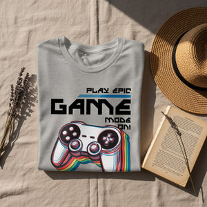 Grey t-shirt with "PLAY EPIC GAME MODE ON!" and a colorful controller graphic.
