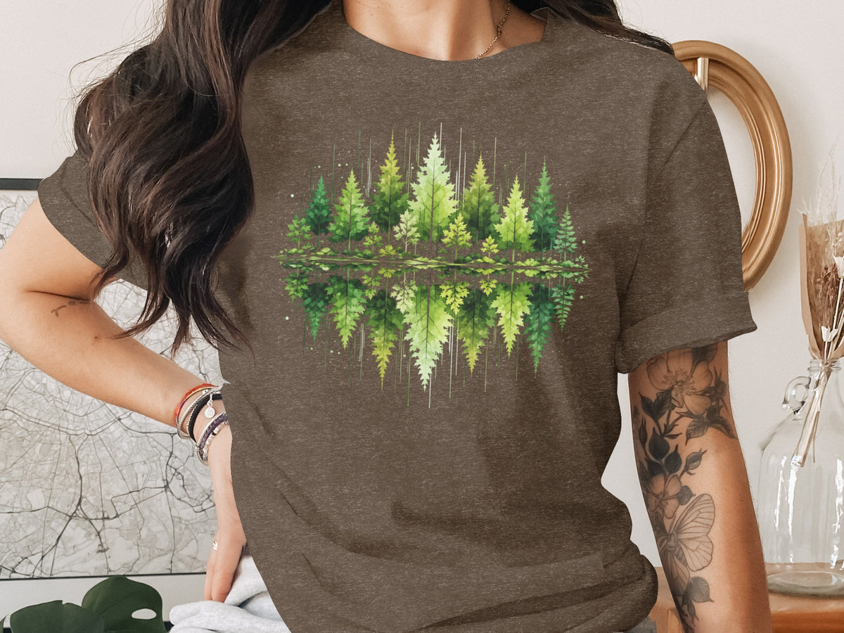 Brown t-shirt with graphic of green trees reflected in water