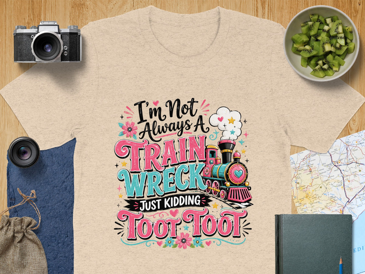 Cream t-shirt with "I'm Not Always A Train Wreck Just Kidding Toot Toot" text.
