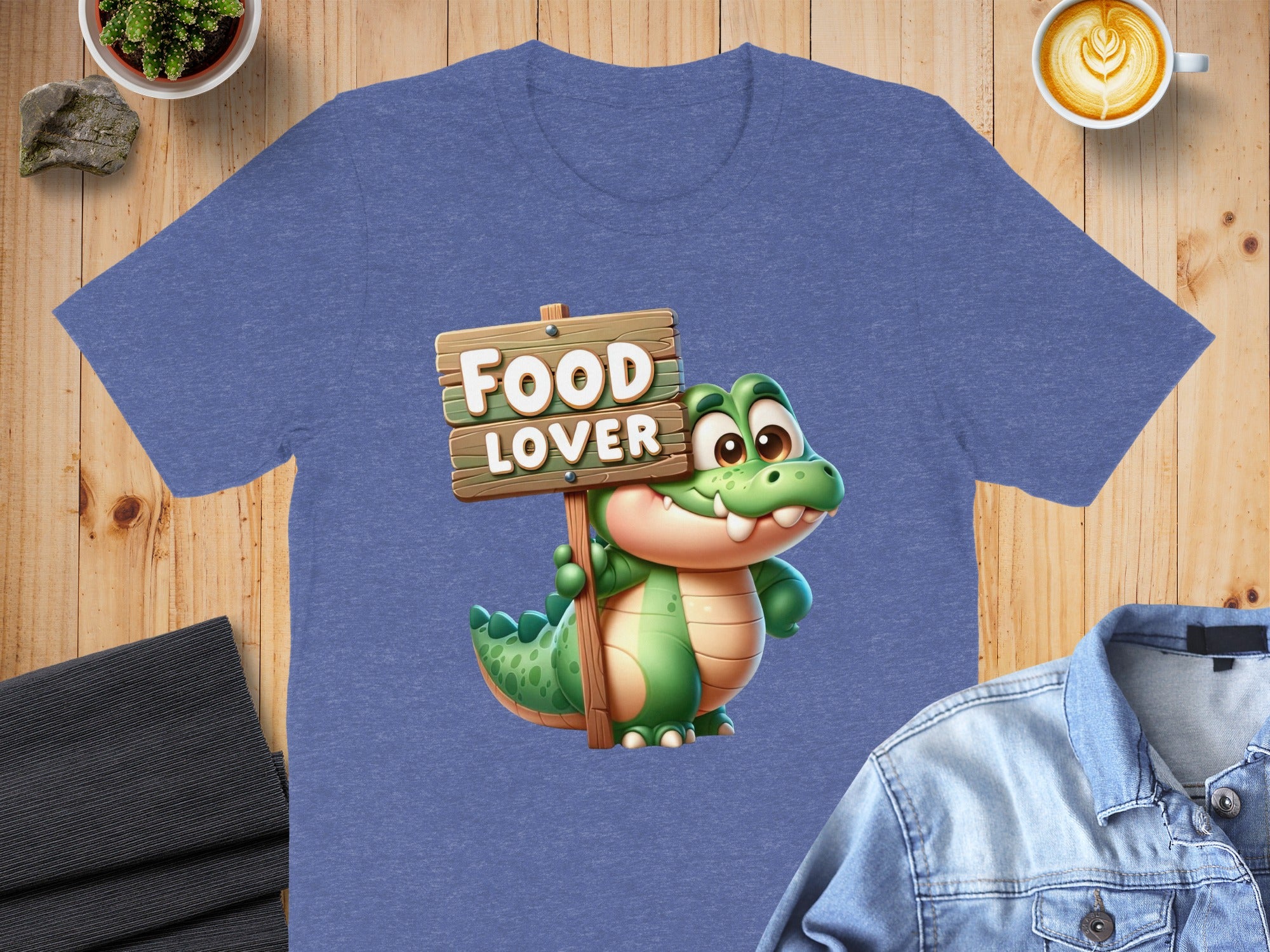 Cartoon alligator holding a wooden sign that says "Food Lover".