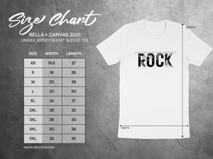 Bella + Canvas 3001 size chart for unisex jersey short sleeve tee.