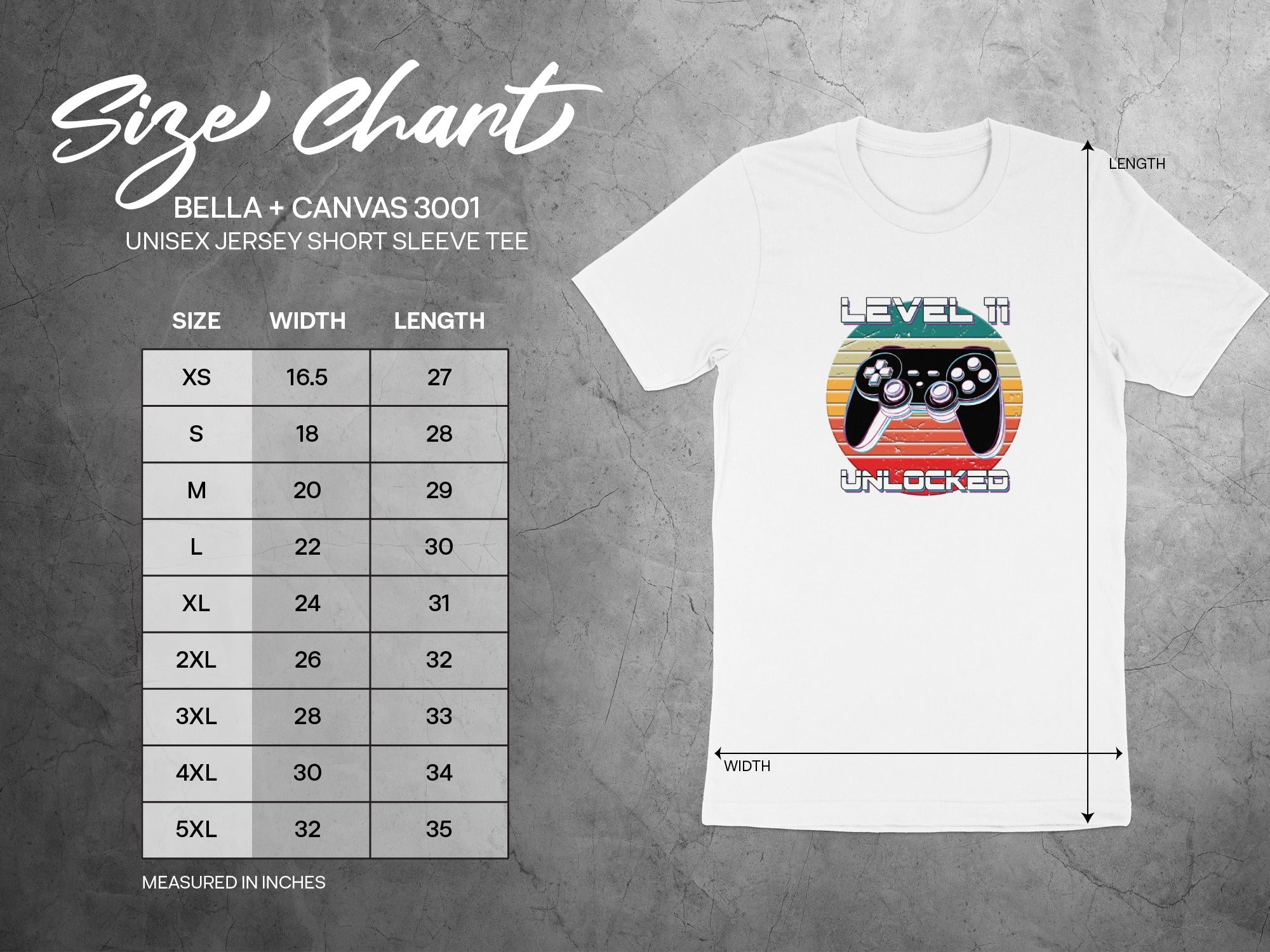 Size chart for Bella + Canvas 3001 unisex t-shirt, including measurements.