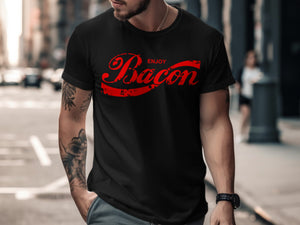 Black t-shirt with red distressed "Enjoy Bacon" text logo on the front.