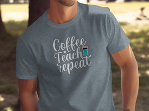 Gray t-shirt with "Coffee Teach repeat" text and coffee cup graphic