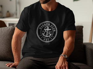 Black t-shirt with a circular "Harbor Club HBC" graphic featuring an anchor.