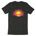 Dark grey t-shirt with a stylized sun setting over water graphic.