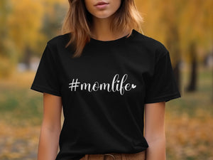 Black t-shirt with white "#momlife" text and a small heart.