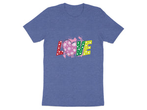 Blue t-shirt with a pink heart graphic and the word "LOVE".