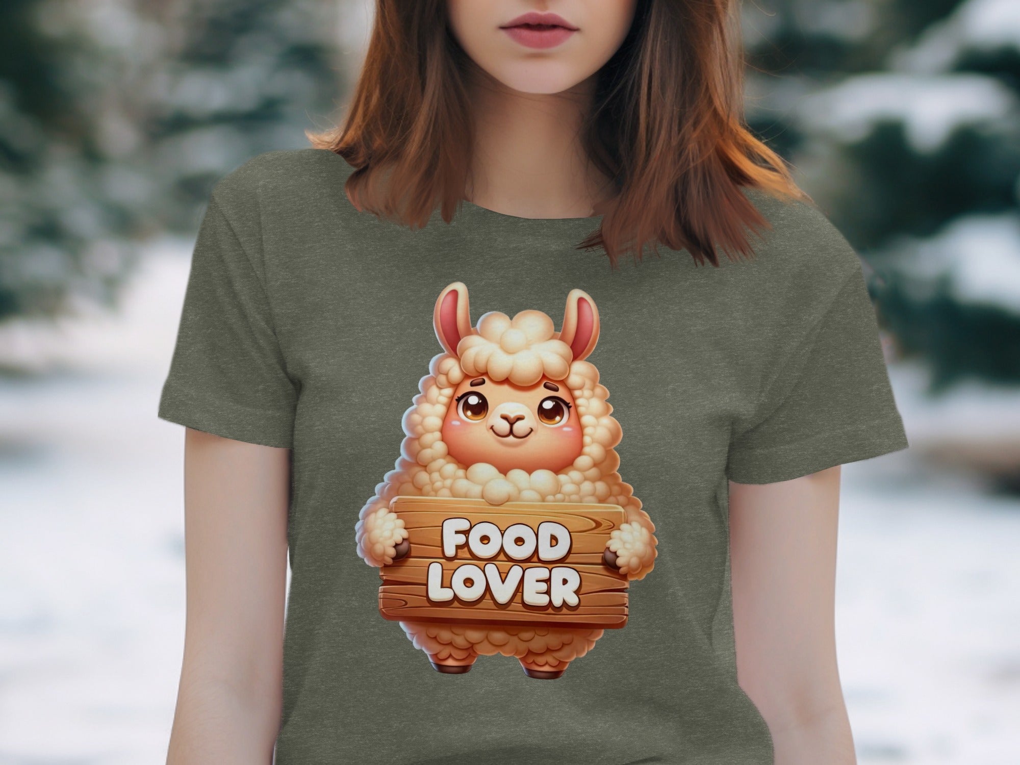 Cute llama holding a wooden sign that says "FOOD LOVER."