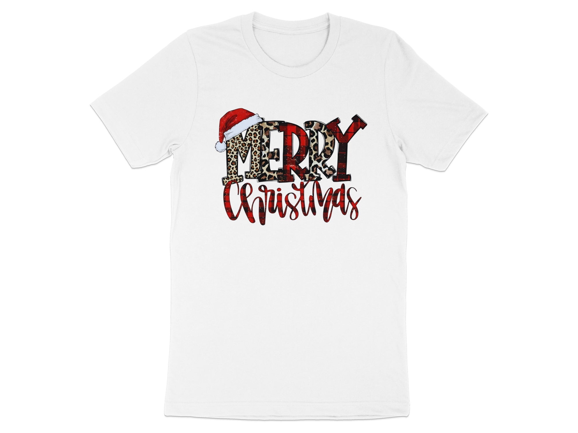 White t-shirt with "Merry Christmas" text featuring Santa hat, leopard print, and plaid patterns.