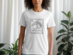 White t-shirt with a black stamp graphic featuring lemons and text: 5c, Amalfi Coast, Italy.