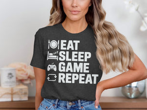 Dark grey t-shirt with white text and icons: Eat, Sleep, Game, Repeat.