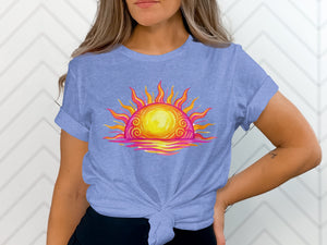 T-shirt with a vibrant sun and water graphic design.