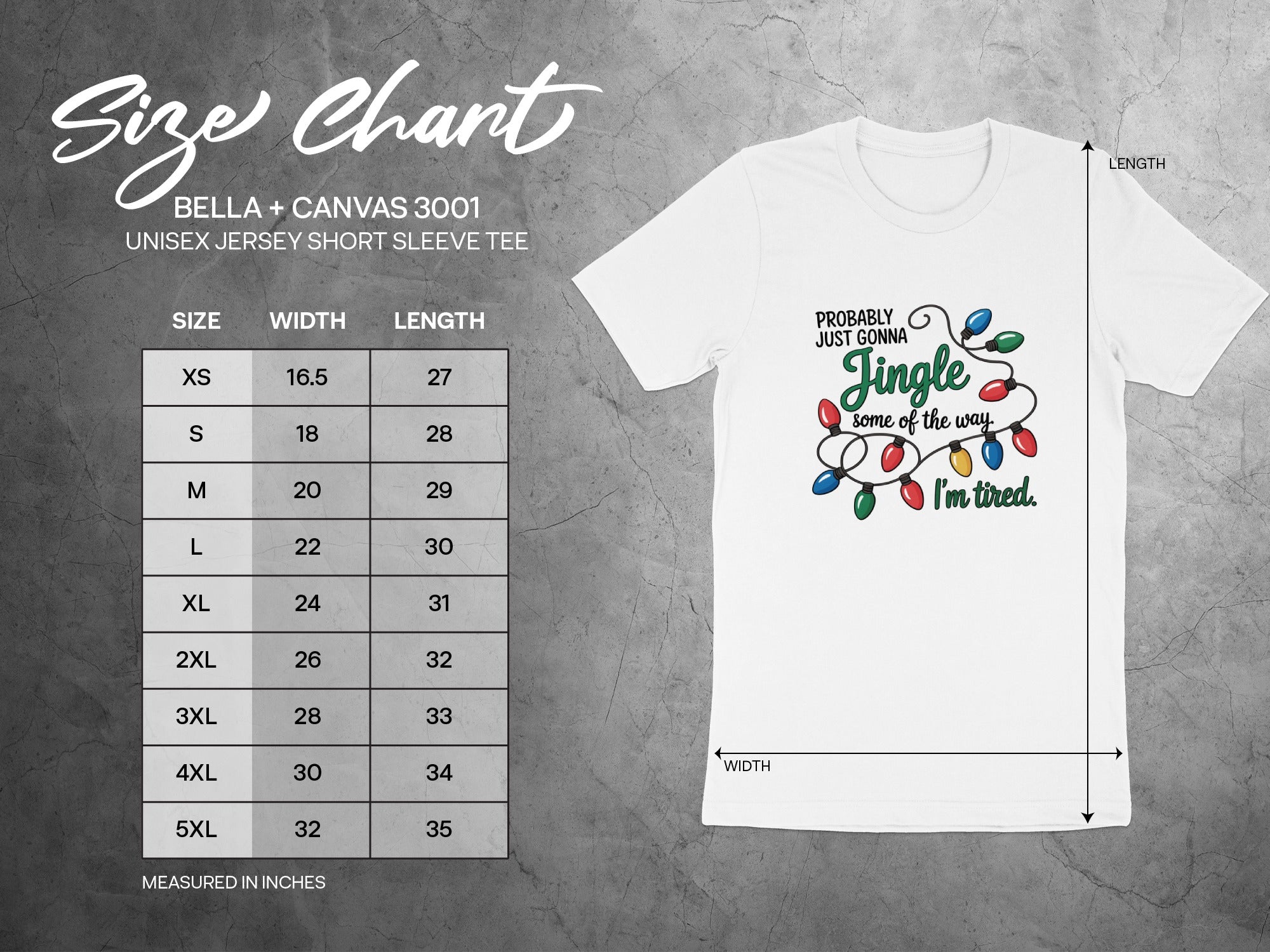 Bella + Canvas 3001 unisex t-shirt size chart with measurements in inches.
