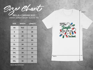 Bella + Canvas 3001 unisex t-shirt size chart with measurements in inches.