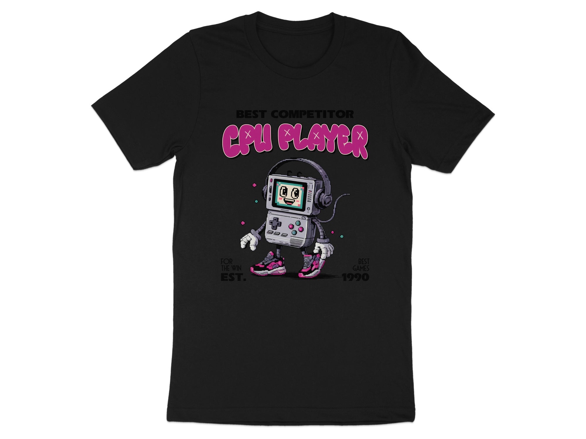 Black t-shirt with "CPU PLAYER BEST COMPETITOR" and retro gaming character.
