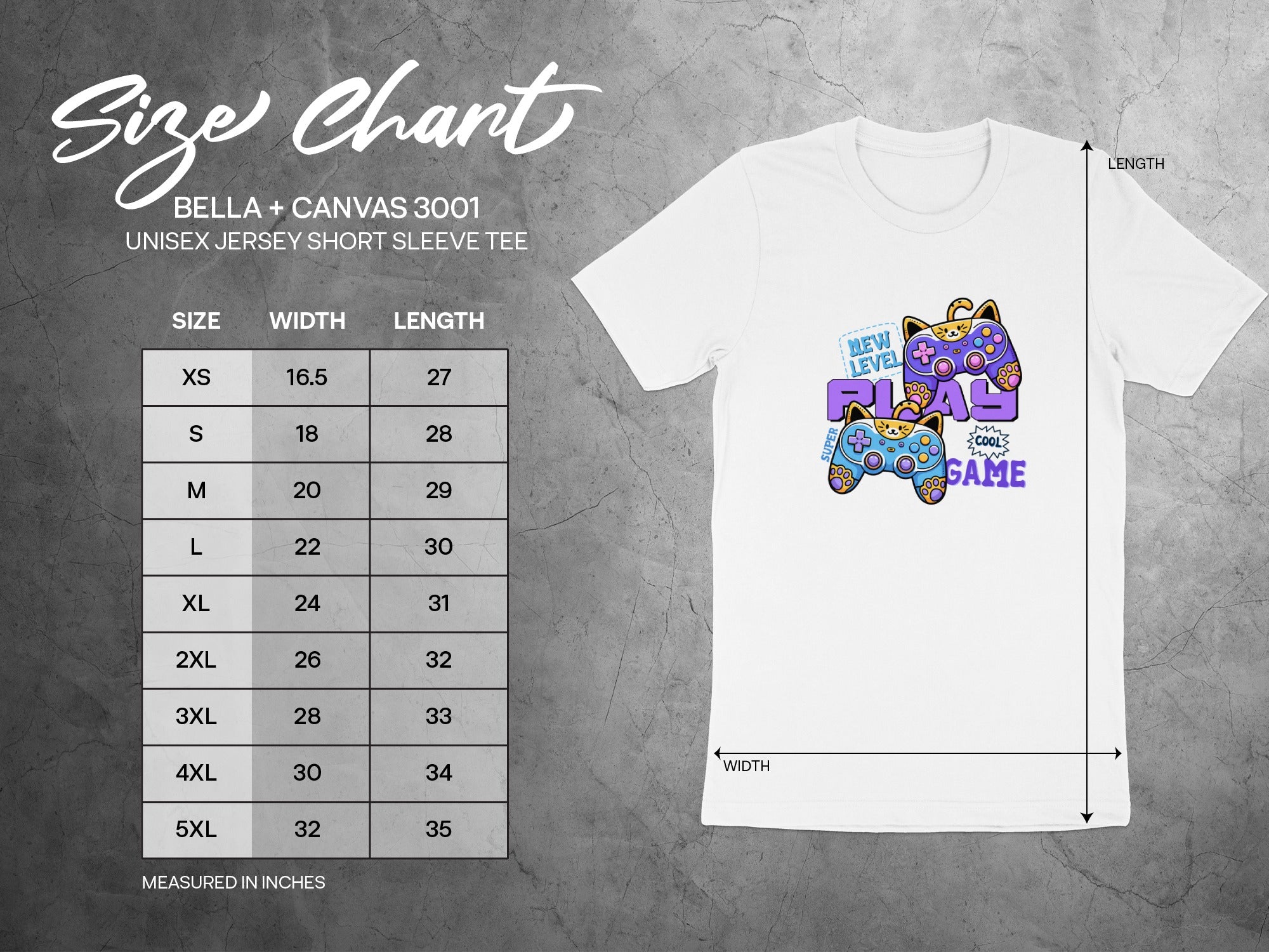 Bella + Canvas 3001 unisex tee size chart with measurements and graphic.
