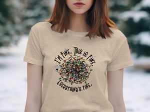 T-shirt with tangled Christmas lights graphic and text "I'm fine. This is fine. Everything's fine."