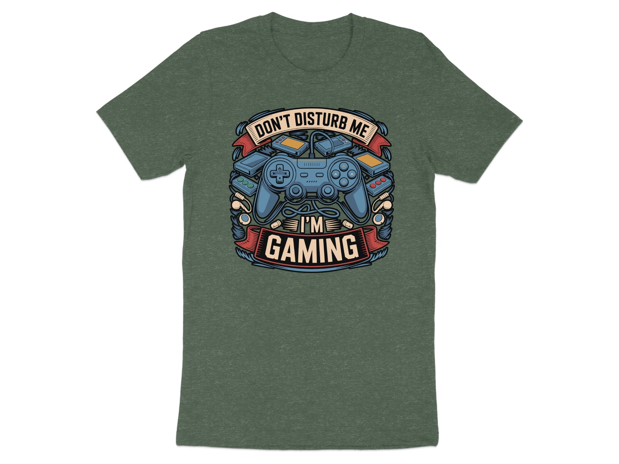 T-shirt graphic with video game controller, game cartridges, and text "Don't Disturb Me I'm Gaming".