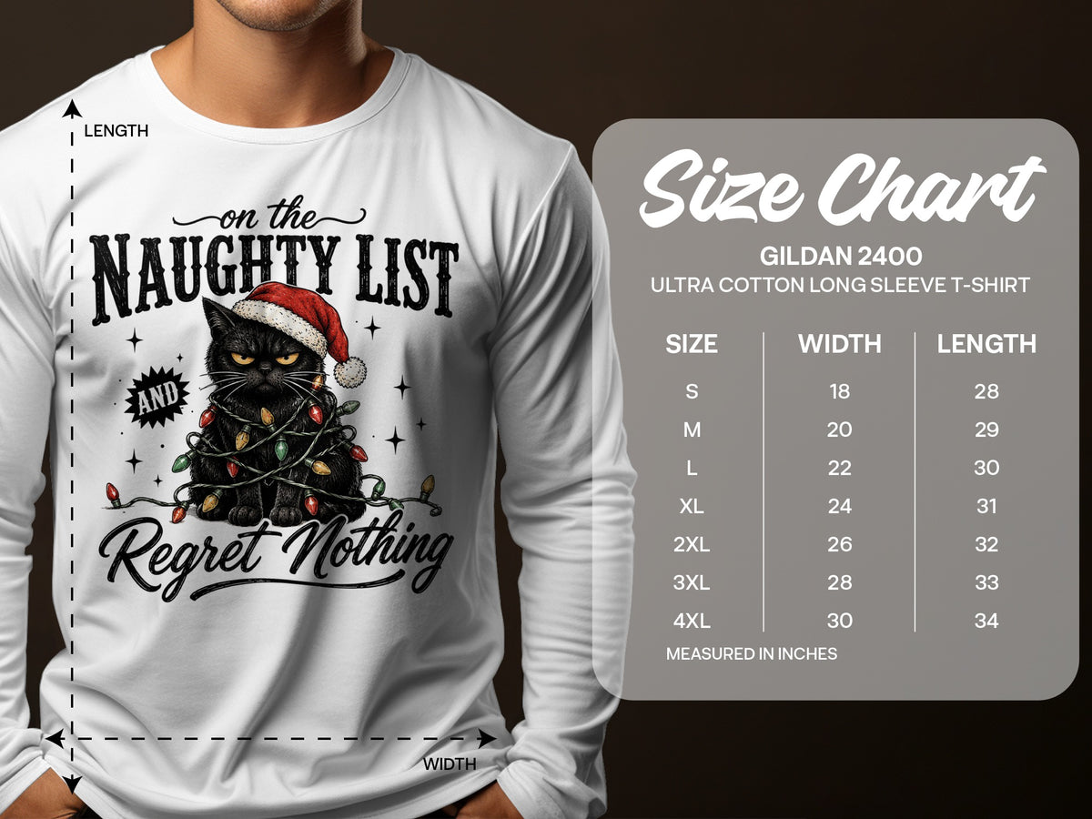 A white long-sleeve t-shirt featuring a grumpy black cat wearing a Santa hat, tangled in Christmas lights, with a size chart overlay on the right.