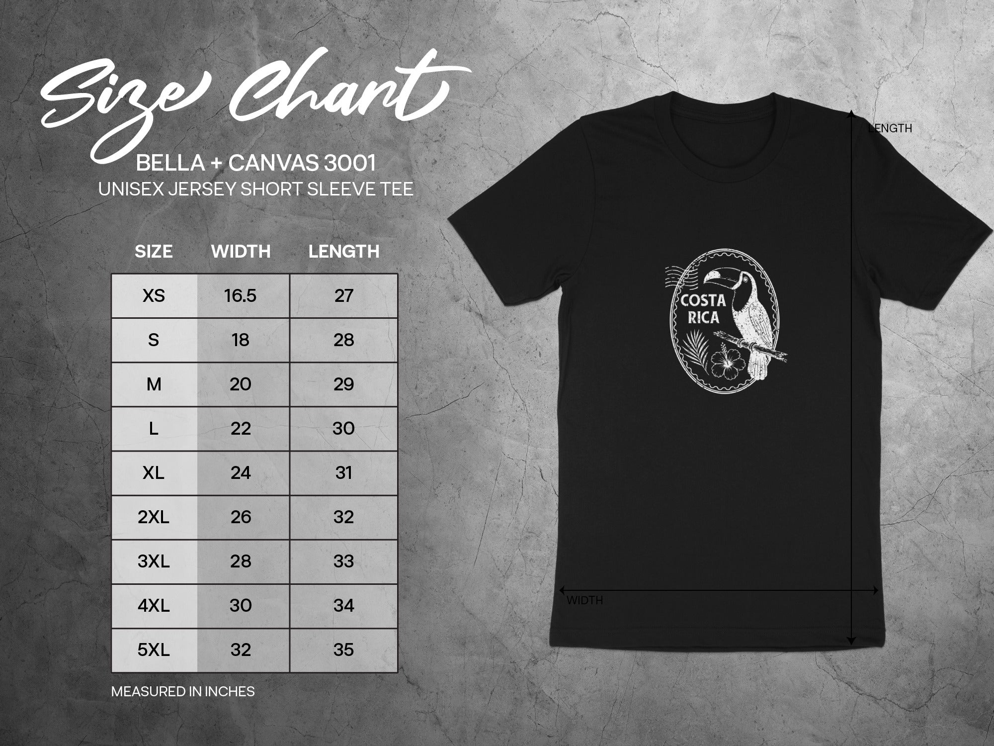 Bella + Canvas 3001 unisex size chart with width and length measurements in inches.