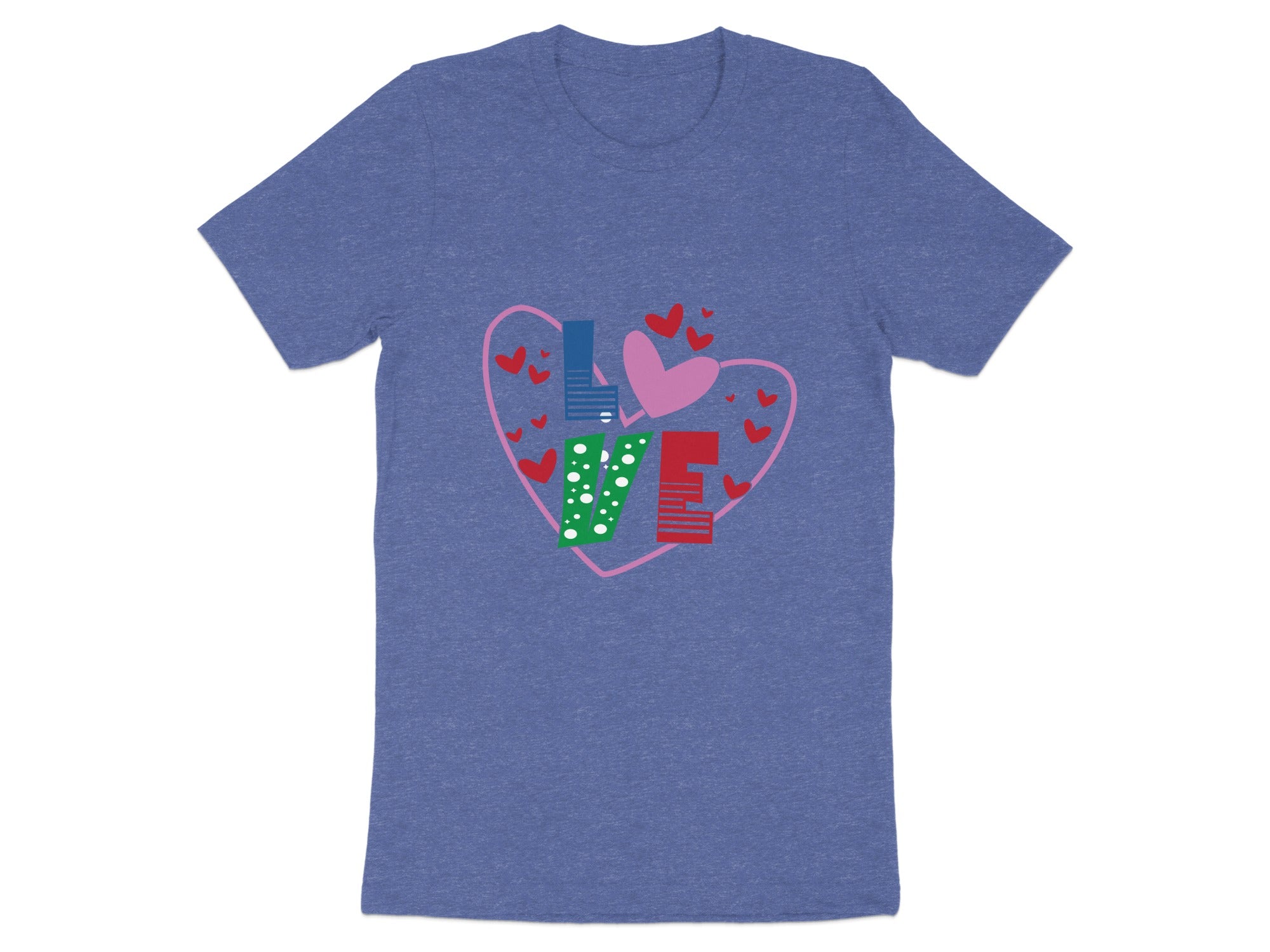 Blue t-shirt with "LOVE" design featuring hearts and a pink outline.